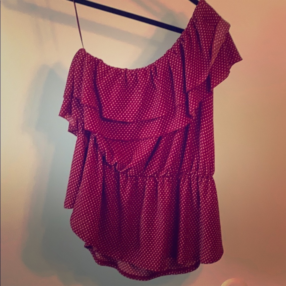 Anthropologie Single shoulder red dot blouse